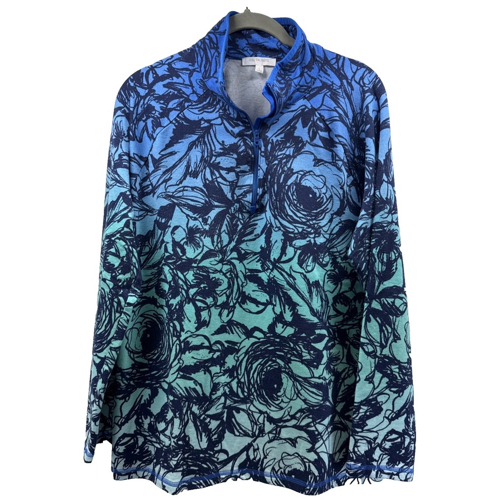 T by Talbots Women's Top Sz L Qtr Zip Blue Green Artsy Floral Roses Long Sleeves